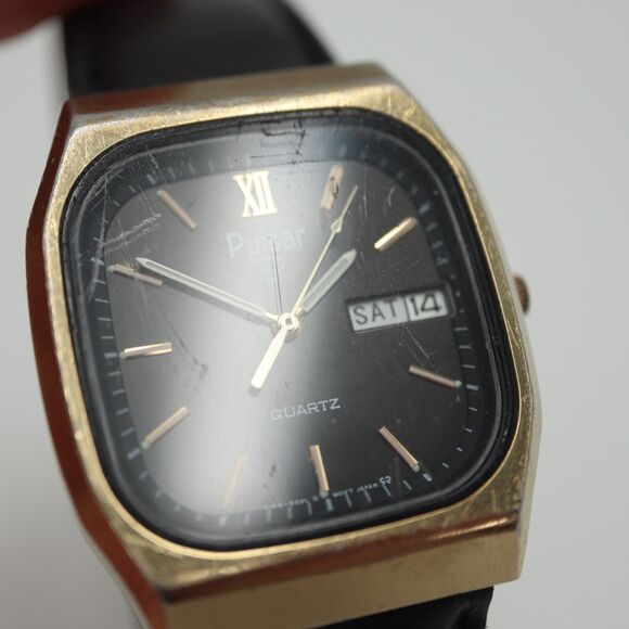 Vintage Pulsar Gold Tone Tank Watch 33mm Day Date Black Leather w New Battery main image 6
